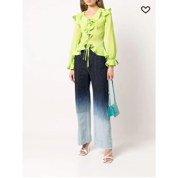 NWT Rokh Neon Green Ruffle Detail Button Down Blouse - Picture 3 of 11